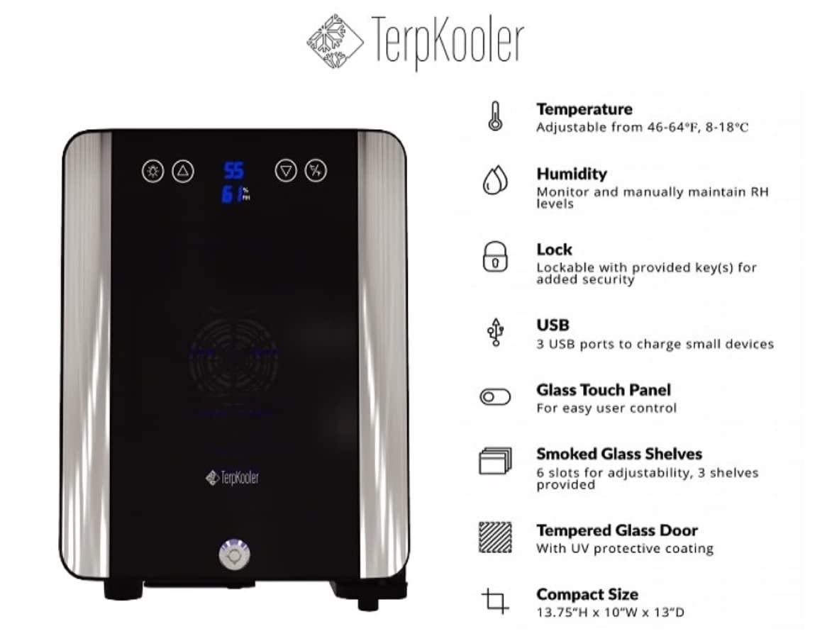 Terpkooler Essential Cooler Compact Portable Mini Fridge with Temp & Humidity Control, 3 USB Ports, Smoked Glass Shelves, Lockable UV Glass Door for Herbs, Oils, Cosmetics, and More