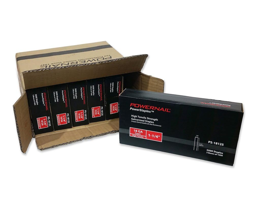 Powernail PS18125 18 Gauge 1/4 Inch Narrow Crown Staples, 1-1/4 Inch Length Heavy Duty Galvanized Chisel Point Staples for Electric or Pneumatic Narrow Crown Stapler Guns (Case, 6 Boxes of 5,000)