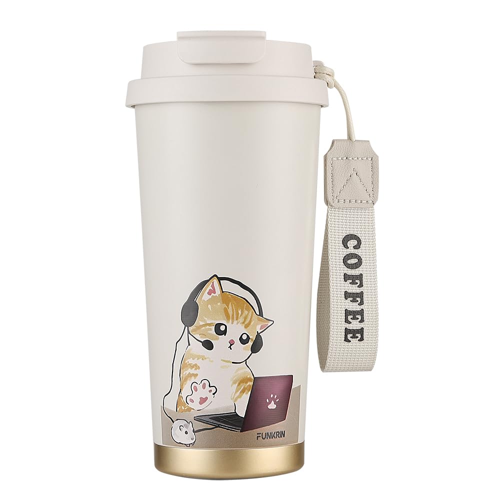 Funkrin Coffee Travel Mug with Flip Lid, 16oz Insulated Tumbler Cup with Ceramic Coating, Double Wall Vacuum Leak-Proof Tumbler for Office School Party Camping