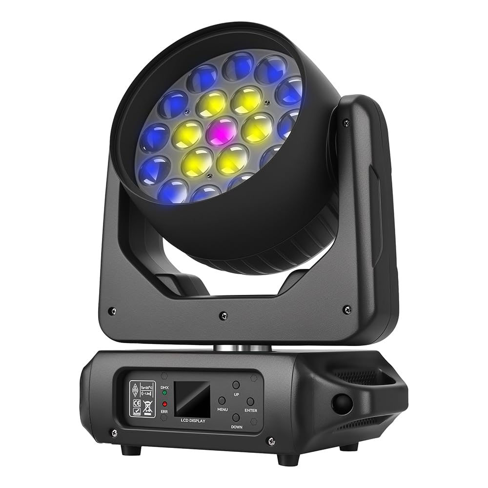MINGJIE 19x15W Moving Head Stage Light,RGBW 4-in-1 LED Zoom Beam Wash Strobe Effect,DMX Sound Activated,540° Pan 270° Tilt,Professional DJ Lighting for Club Wedding Party Bar (Luces para)
