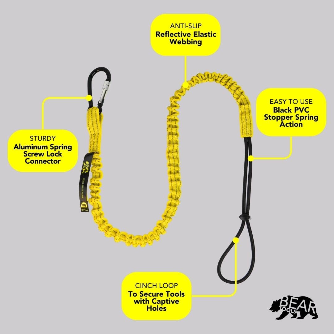 BearTOOLS Tool Lanyard with Buckle Strap – Clip Bungee Cord – Heavy Duty Screw Locking Connector – Fall Protection and Safety – Adjustable Loop End – Tough Tether – Construction - 09220YS (20 Pack)