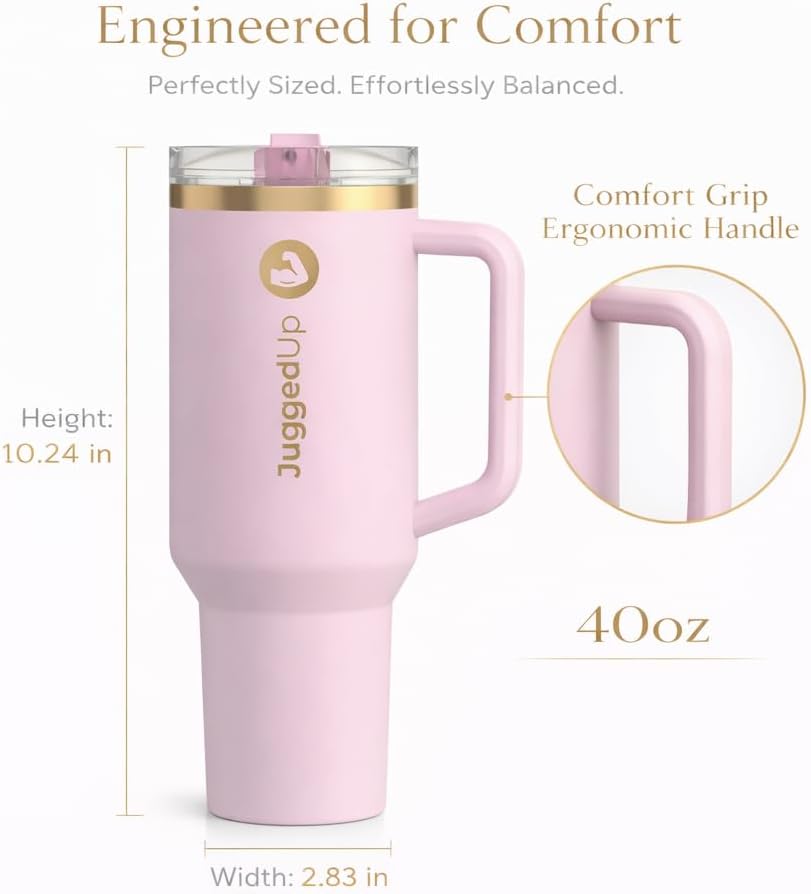 Skiennix 40oz Insulated Stainless Steel Tumbler - Leak-Proof Travel Mug with Handle & Flip Straw Lid | BPA-Free, Blush Gold