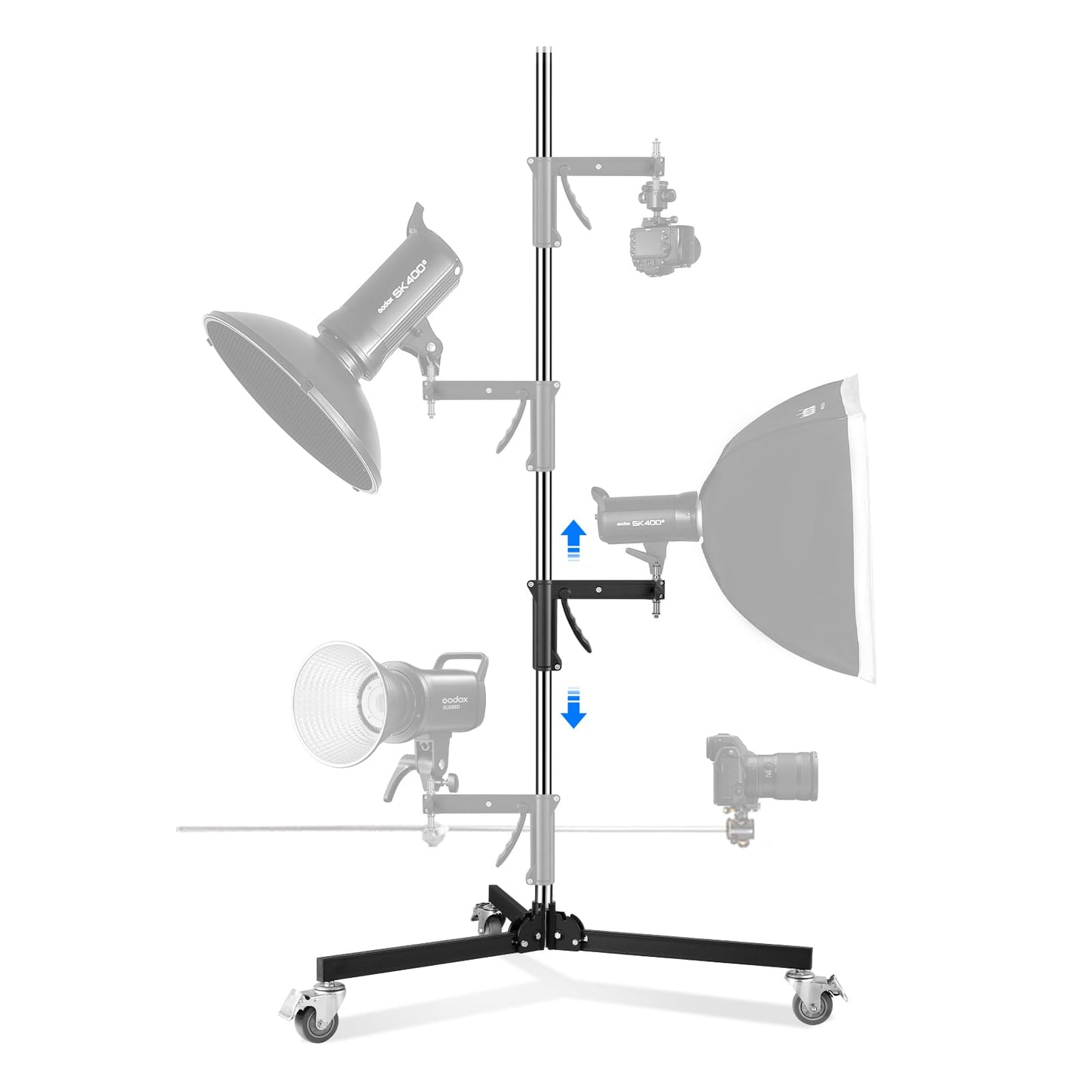 Heavy Duty Pistol Grip Stand, 2.5m/8.2ft Photography Rolling Light Stand with Casters & A Sliding Arm Max Loading: 20kg/44lb Stainless Steel for Photography Studio Monolight Softbox