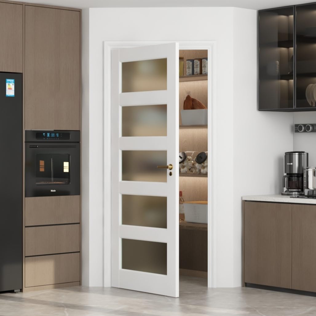 5-Lite Frosted Glass Interior French Door Slab, 28" x 80" Solid Core Wood Panel, for Pantry, Bedroom, Laundry & Bathroom, White Prefinished Paintable,White