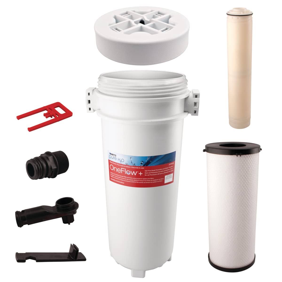 Watts OFPSYS OneFlow Plus Salt-Free Scale Prevention and Water Filtration System, Carbon Water Filter, Scale Reduction Cartridge, 1" NPT Inlet and Outlet Connections