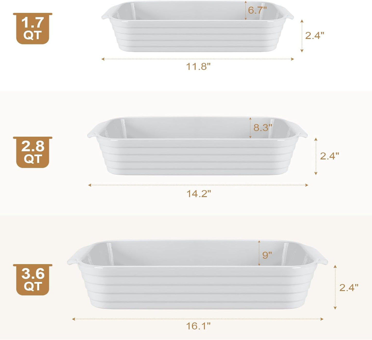 Regine Switzerland Casserole Dishes Set - 3 Ceramic Baking Pans with Handles for Oven Use