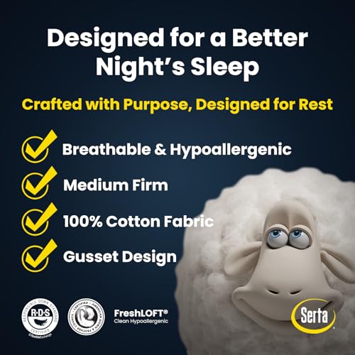 Serta Hotel Collection Pillows Queen Size Set of 2 White Goose Feather Down Fiber Gusseted 100% Cotton Pillow for Back, Stomach or Side Sleepers
