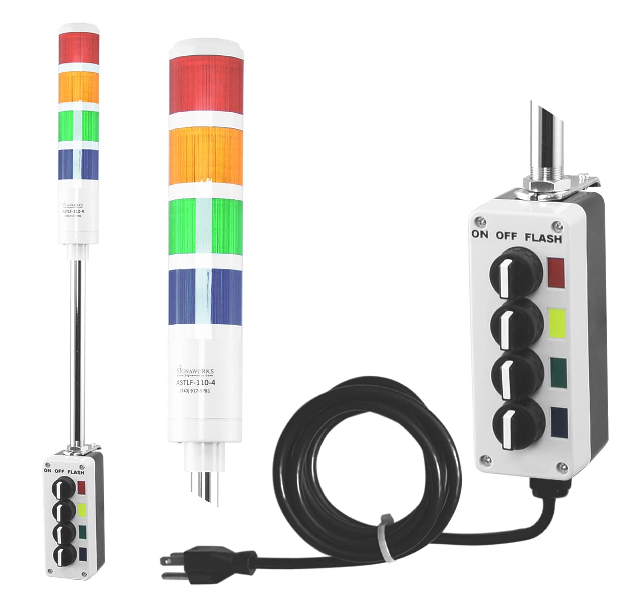 Signaworks 4 Stack Super Bright LED Andon Tower Light, 3 Pos On-Off-Flash, Red/Amber/Green/Blue, 8 ft Industrial Power Cord, Plug & Play Ready, 3 Prong Plug Meets OHSA Standard * Made in USA *