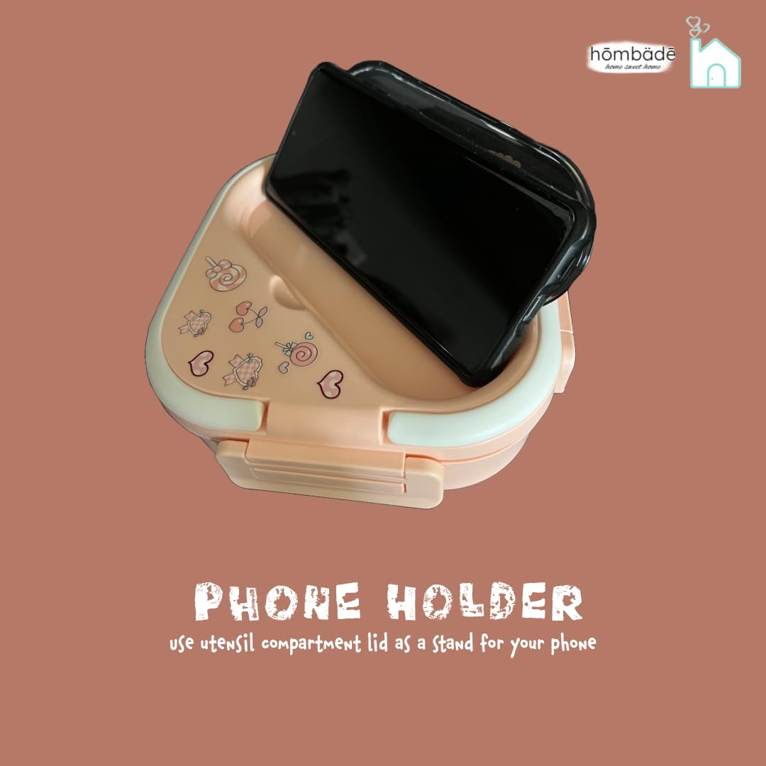 hombäde Bento Lunch Box Container Set with 3 Compartments Portable Personal Sealed Plastic Utensils Food Container Cute Kawaii Anime Kitty Bunny Dog (Purpleromi)
