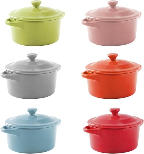 Mini Cocotte 6-Pack by [Brand Name] - 8 OZ Ceramic Ramekins with Lids & Handles | Oven-Safe Casserole Dishes in 6 Colors