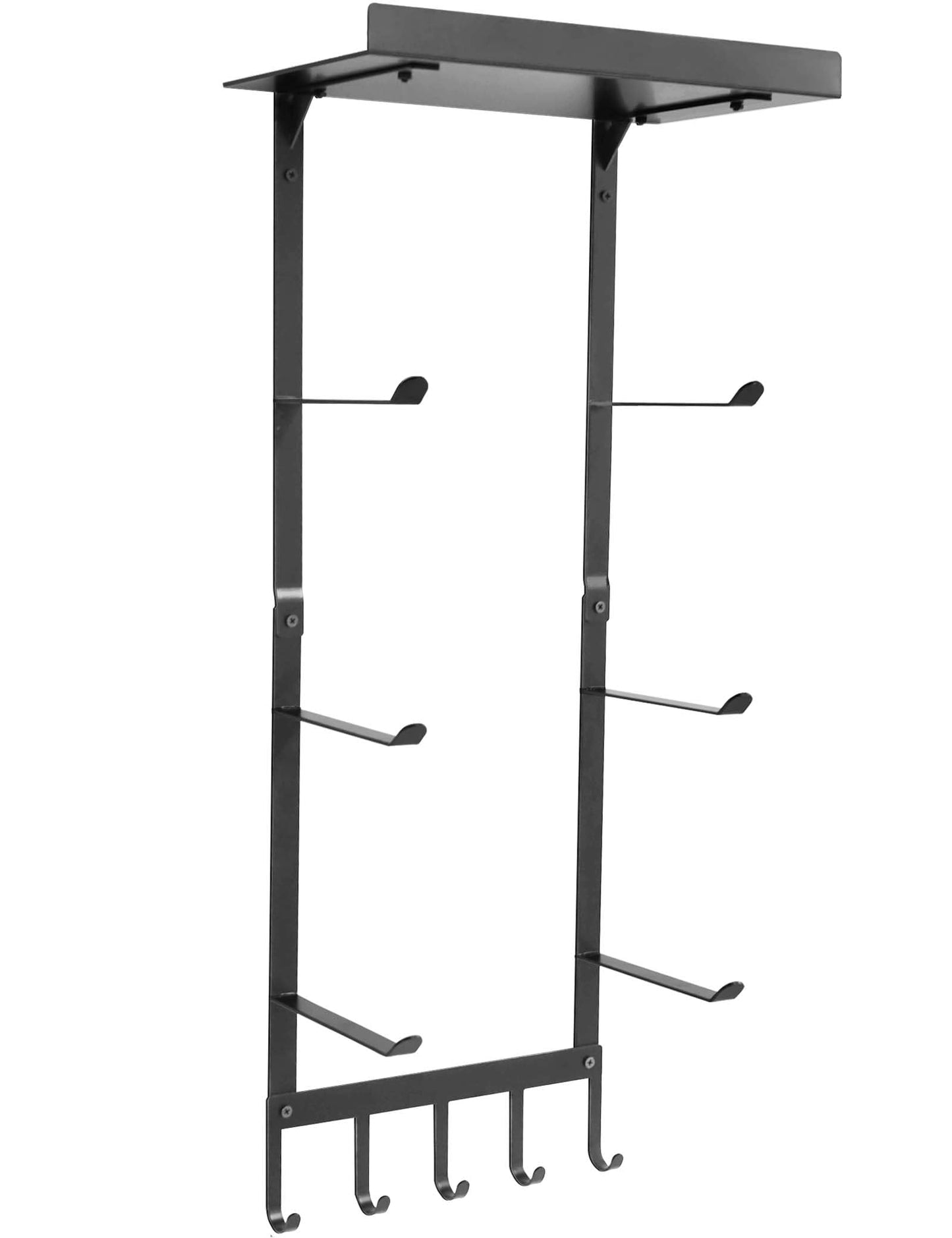 Yoga Mat Holder Wall Mount, Home Gym Storage Rack with Top Floating Shelf, 4-Tiers Holding Yoga Mat/ Blocks/ Rollers and Decorations, 5 Hooks for Resistance Bands, Skipping-Rope, Small Gym Equipment