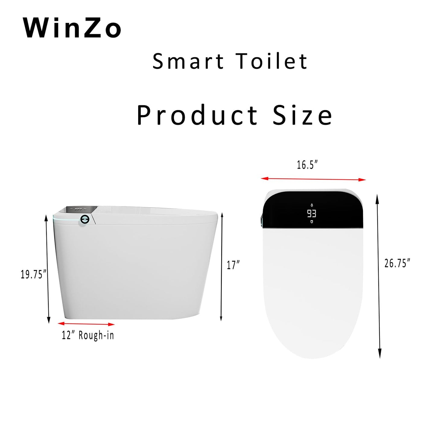 WinZo Smart Toilet, Tankless Toilets with Heated Seat, Auto Open & Close, Smart with Bidet Built In ADA Chair Comfort Height,Dryer and Warm Water Sprayer, Featuring Foot Sensor and Black LED Display