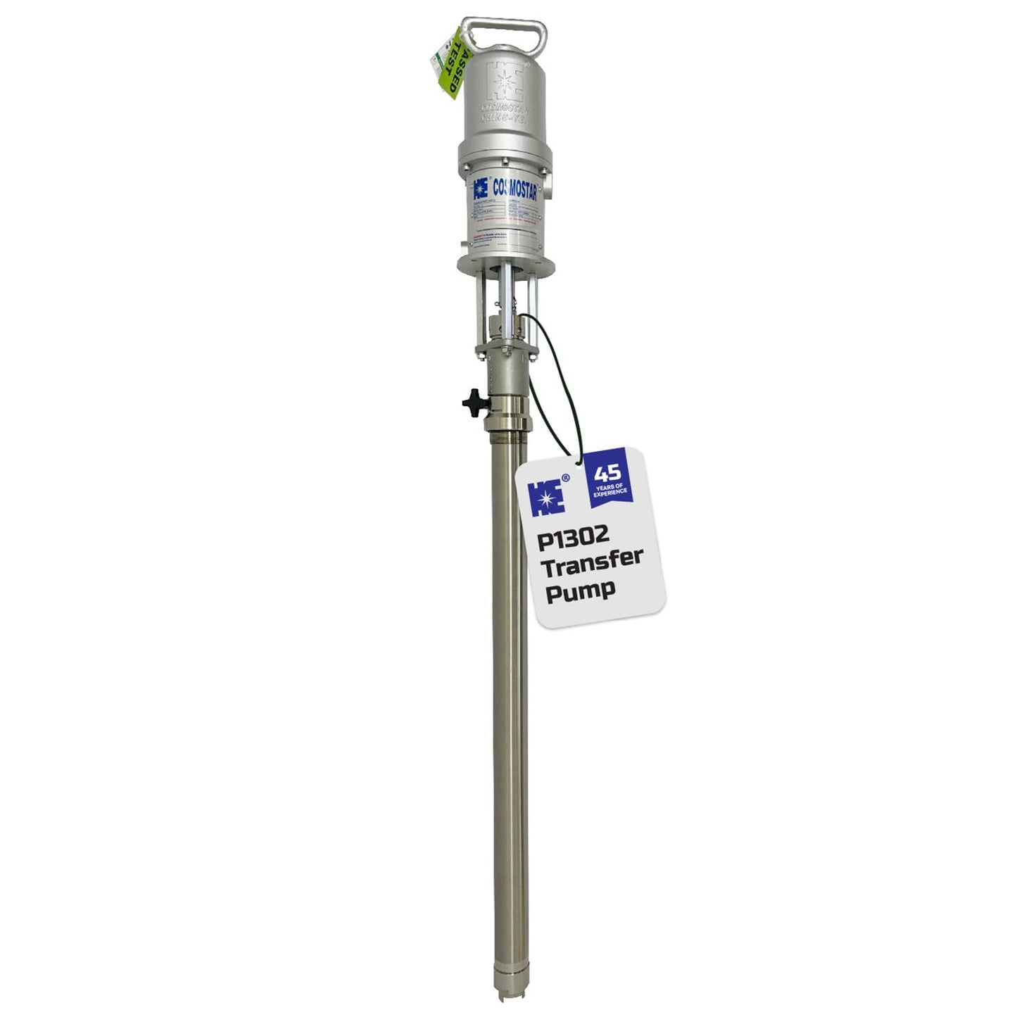 COSMOSTAR P1302 5:1 55 Gallon Air Operated Pneumatic Piston Pump, Stainless Steel Type, Drum Length, Teflon Packing, Oil Chemical Transfer Pumps, 2.2 GPM/ 8.55 LPM, Max. Fluid Pressure 580 PSI