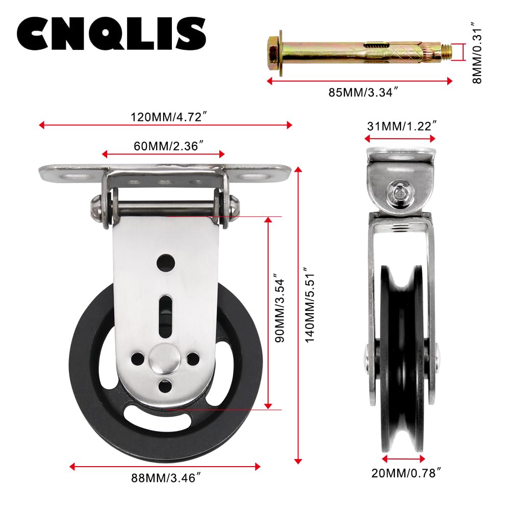CNQLIS Gym Pulley Blocks,3.46in/90mm Wall Mount Fixed Pulley Wheel Rotation 180 Degree,Heavy Duty Swivel Pulley for LAT Pulley System,for Gym Pulley System, Gym Equipment, DIY Home Projects