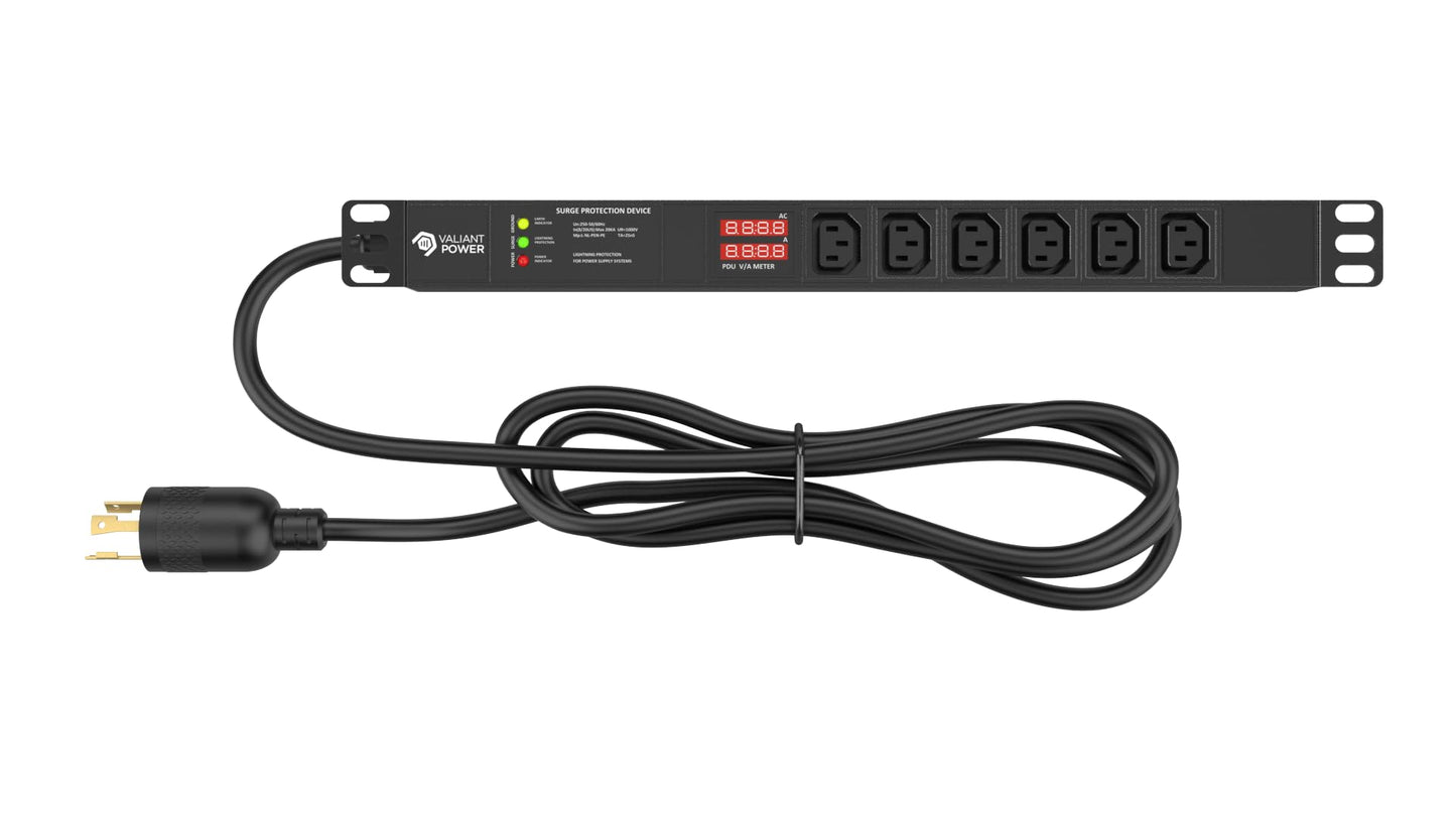Valiant Power Rack Mount Power Strip - 240V 30A Single Phase PDU with Built-in Surge Protector, Volt & Amp Meter for Data Center - 19” Metal Housing, Ears & Fittings Included, 6’ Cable, 6 Outlets
