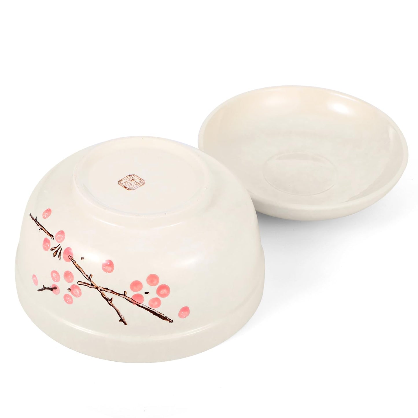 mekueeex 2 Pack Ceramic Ramen Noodle Bowl, 27 OZ Big Ramen Bowl with Lid, Japanese Hand-Painted Ceramic Tableware, Durable Floral Soup Bowl for Noodles, Porridge, Rice, Dishwasher Safe(Pink, Beige)