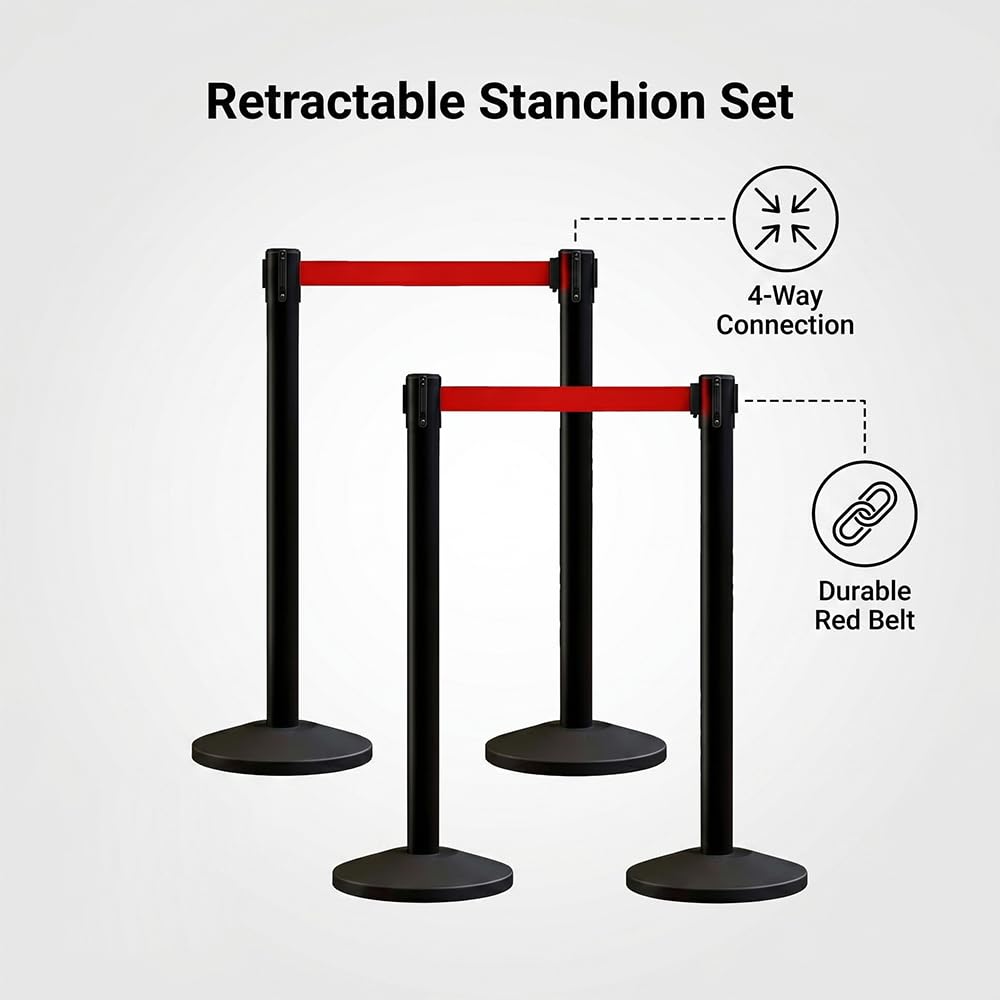 YIDELAI Crowd Control Stanchions Set of 4, Heavy Duty Black Queue Barrier Posts with Retractable Red Belt, Safety Barriers for Events, Retail, Bank, Airport, Theater