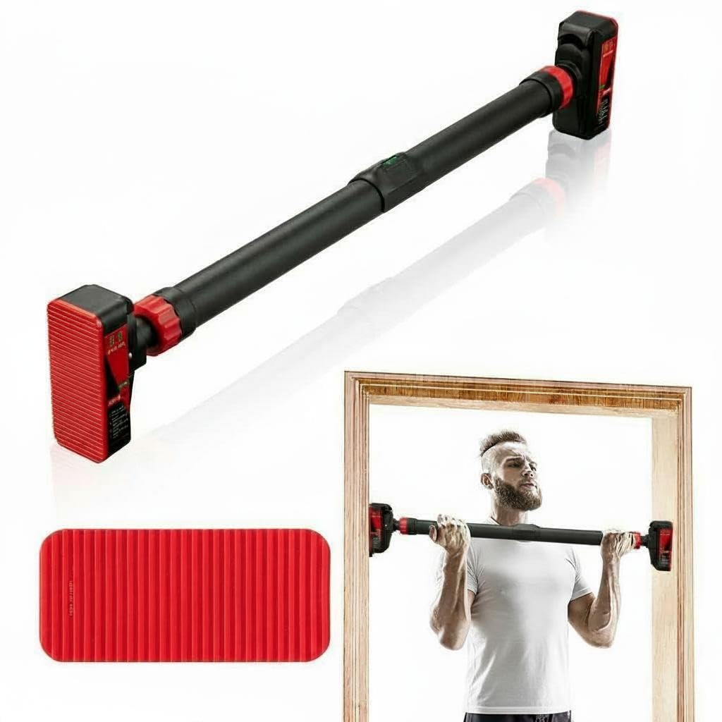 Garvee Pull Up Bar for Doorway - Adjustable No Screws Chin Up Bar for Home Gym, 440 LBS Max Load, with Level Meter & Anti-Slip Design for Strength Training,Red
