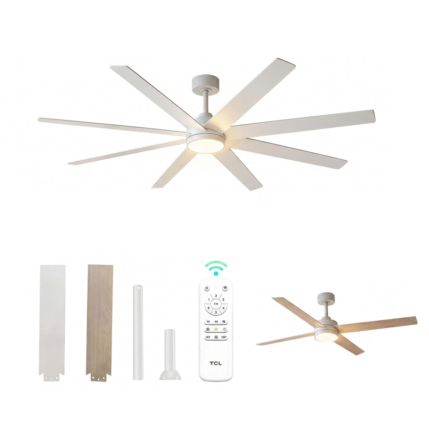 TCL 72 Inch Large Ceiling Fans with Lights and Remote, Quiet Modern Ceiling Fan, 3 CCT Dimmable Remember LED Reversible 8 Dual Side Blades for Living Room Patio Garage Indoor/Outdoor (white, 72)