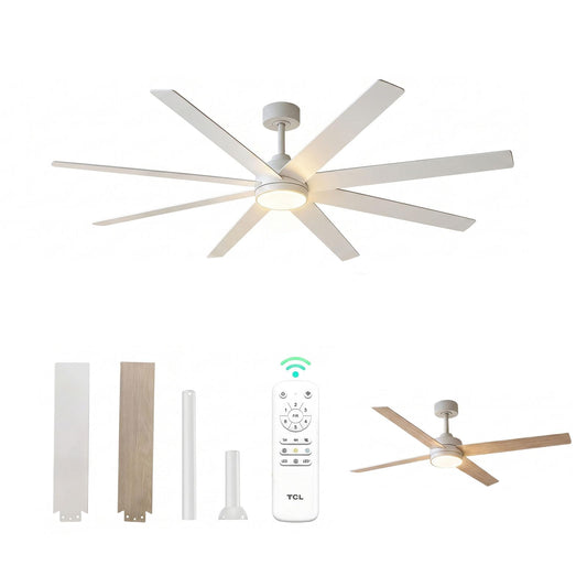 TCL 72 Inch Large Ceiling Fans with Lights and Remote, Quiet Modern Ceiling Fan, 3 CCT Dimmable Remember LED Reversible 8 Dual Side Blades for Living Room Patio Garage Indoor/Outdoor (white, 72)