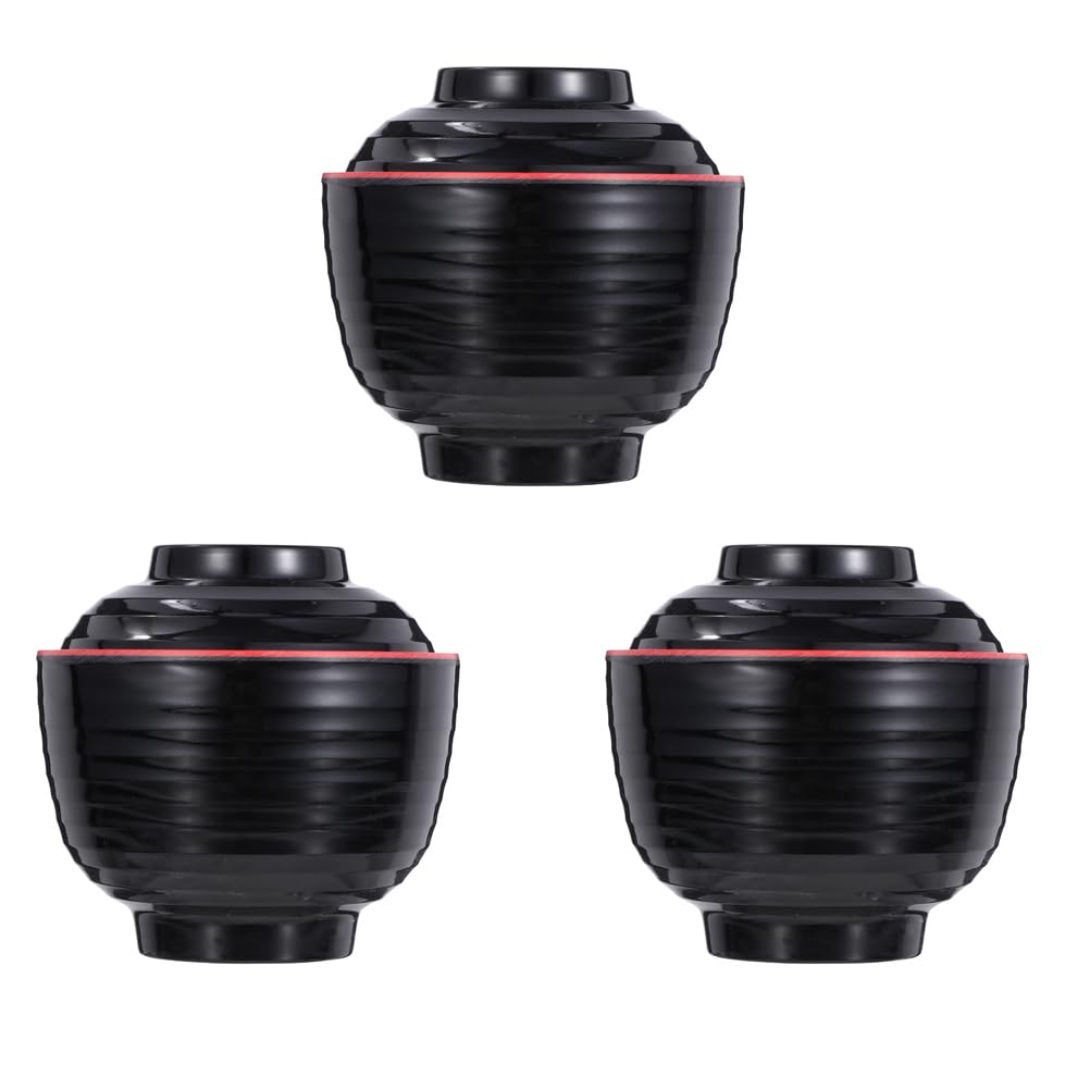 Luxshiny 3 Set Japanese Style Miso Soup Bowls Lids Bowls Hot Pot Rice Noodles Salad Traditional Lacquered Design Microwave Dishwasher Safe