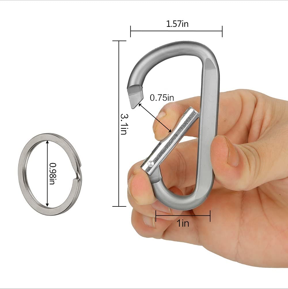 CampTek 6PCS Carabiner Caribeaner Clip,3" Large Aluminum D Ring Shape Carabeaner with 6PCS Keyring Keychain Hook (Black + Grey)