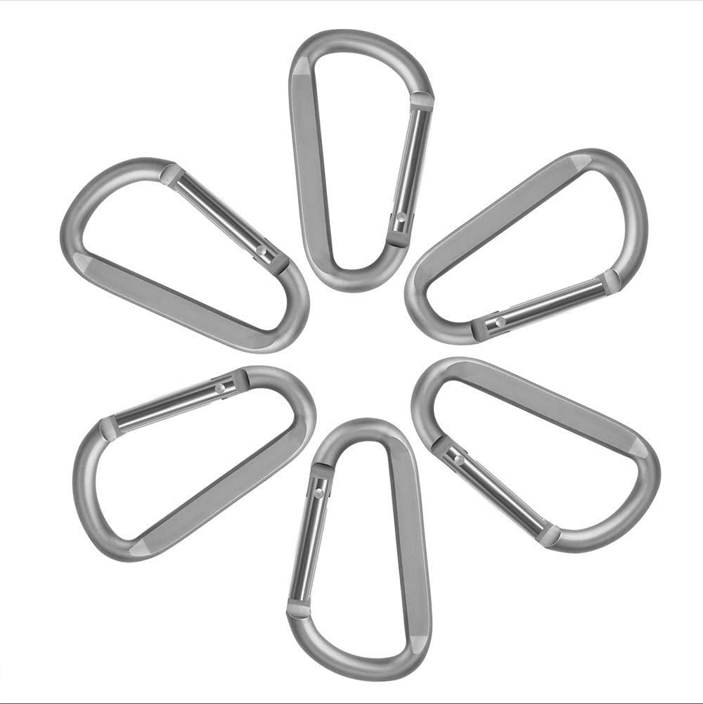 CampTek 6PCS Carabiner Caribeaner Clip,3" Large Aluminum D Ring Shape Carabeaner with 6PCS Keyring Keychain Hook (Black + Grey)