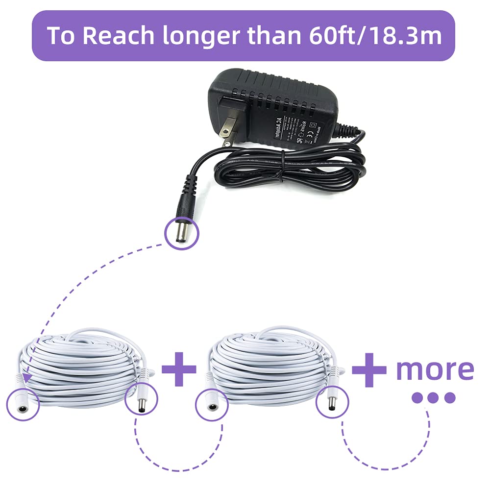 Sqlszt 60ft Cable5.5mm 2.1mm 12 Power Extension x Volt Male to Female Plug Cord for CCTV IP Security Cameras DVRs