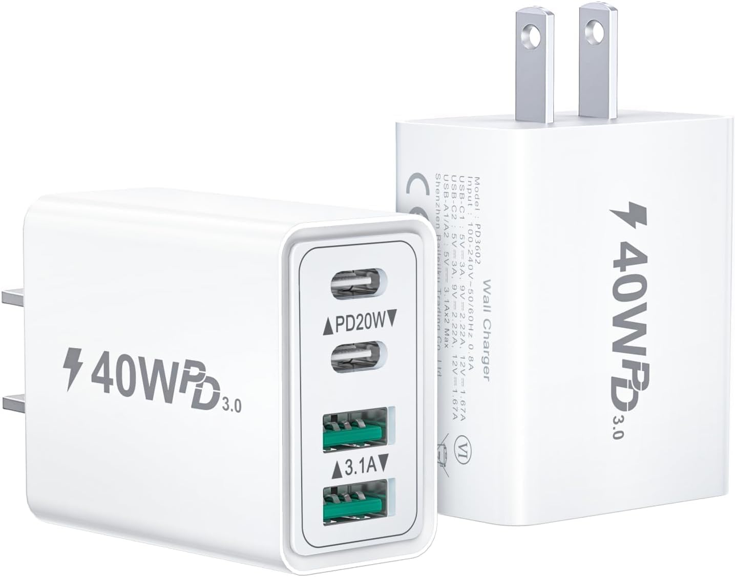 Cysfakun [2-Pack] Block,40W Cube,4-Port 15/14/13/12/11/Pro Max/XS/XR/8/7,iPad, USB C Charger Wall Plus Fast Charging