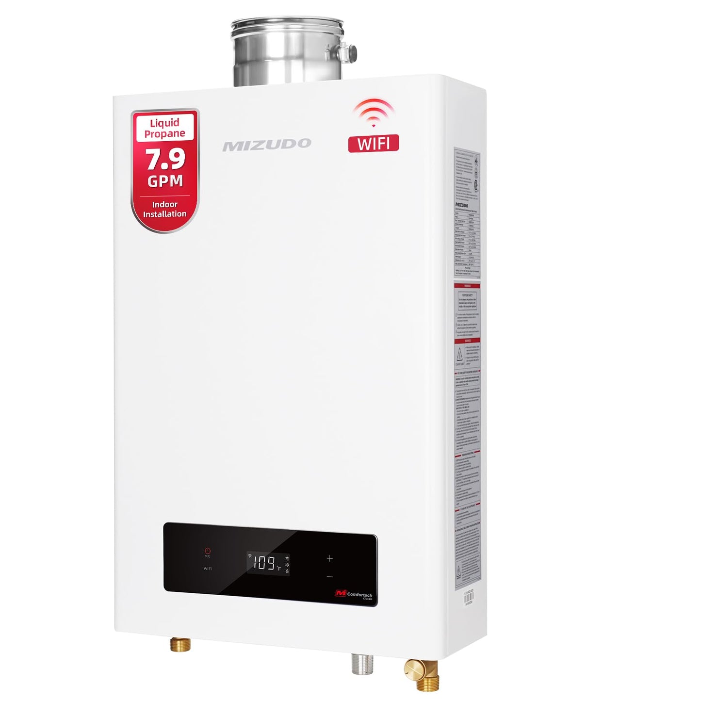 MIZUDO 180k Tankless Water Heater Propane Indoor Installation, Max 7.9 GPM, 180,000 BTU, WiFi&APP Control CSA Certified Non Condensing High Efficiency for Large Families Residential Whole House