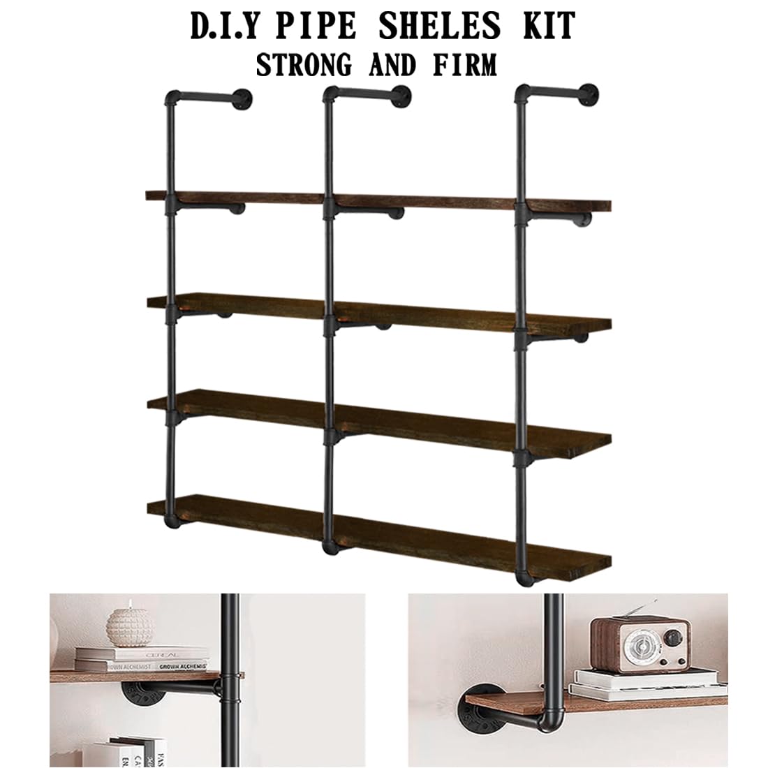 HITOMEN Industrial Iron Pipe Shelves, 3 Set 5-Tier, 55" Tall, 12" Depth, DIY Open Bookshelf Bookcase, Wall Mounted Vintage Retro Shelving, Rustic Farmhouse Pantry Kitchen Storage, Black Shelf Brackets