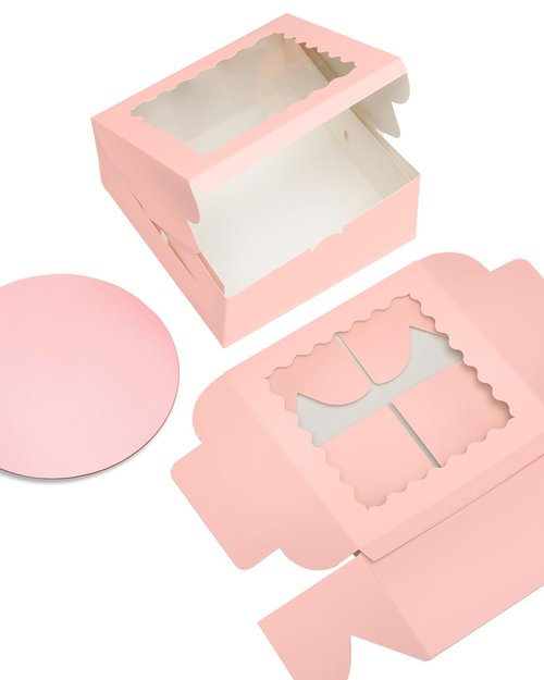 Bakepacker 8x8x5 Inches 36pcs Matte Pink Cake Boxes with Window 18-Packs (18 Boxes +18 Cake Boards Included)