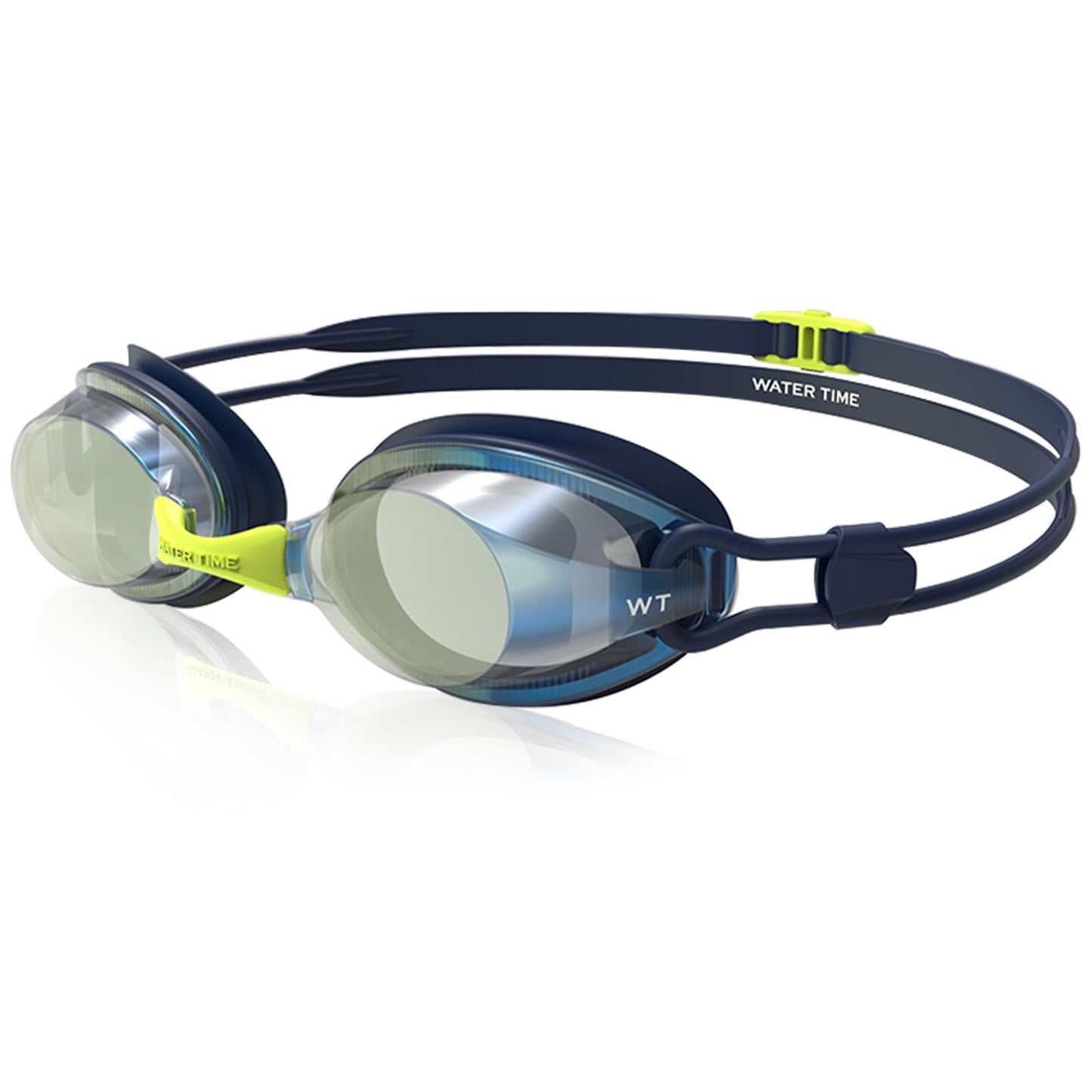 WATER TIME Navy & Neon Yellow Swim Goggles Swipe Anti-Fog REVO Mirrored Lens No Leak UV Protection for Competition Training