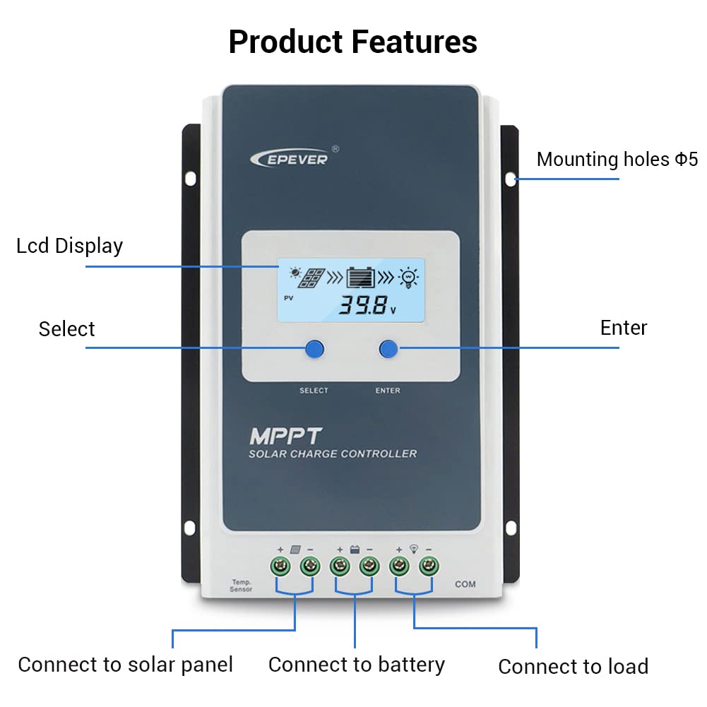 EPEVER 10A Solar Charge Controller MPPT 12V / 24V Auto Max.PV 100V Input Negative Ground Solar Panel Charge Regulator with MT50 Remote Meter Temperature Sensor RTS & PC Communication Cable RS485