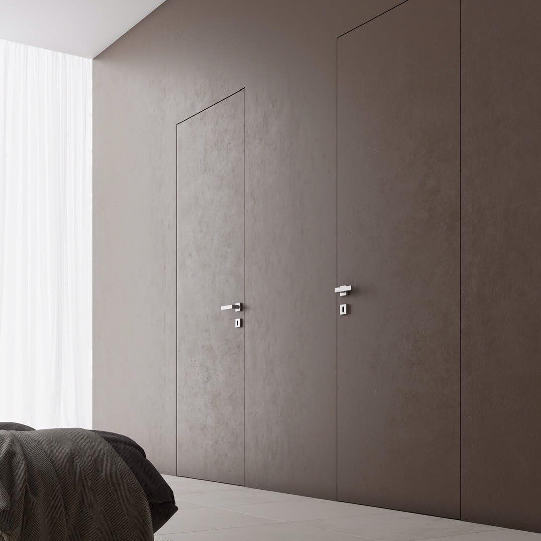 SARTODOORS Interior Invisible Solid Hidden Door with Handle | Planum 0010 Primed with Silver Hidden Frame 30" x 96" Right-Hand Inswing | Concealed Hinges Lock Handle | Modern Wood Frameless Doors