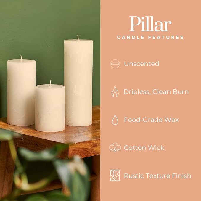 Simply Soson 3x8 inch Ivory Pillar Candles Set of 3, Rustic Texture, Unscented Ivory Candles, Dripless Candles, 3 inch Pillar Candles Ideal as Wedding, Parties, Spas, Dinner, Home Decoration, Church