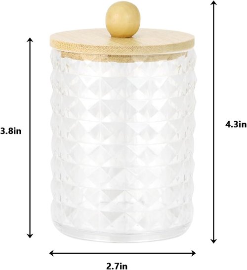 DAPOWER Qtip Holder - Stylish Bathroom Storage Canisters for Cotton Swabs & Balls | Clear & Bamboo Lid, 2 Pack