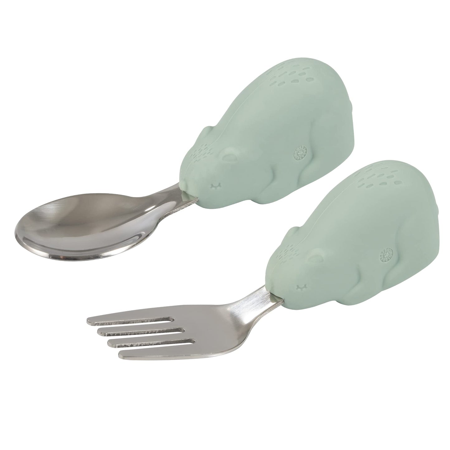 Tiny Twinkle Easy Grip Toddler Utensils Spoon and Fork Set - BPA & Phthalate Free Utensil Sets, Kids Silverware With Silicone Handle, Baby Led Weaning Supplies for 12 Months & Up (Sage Bear)