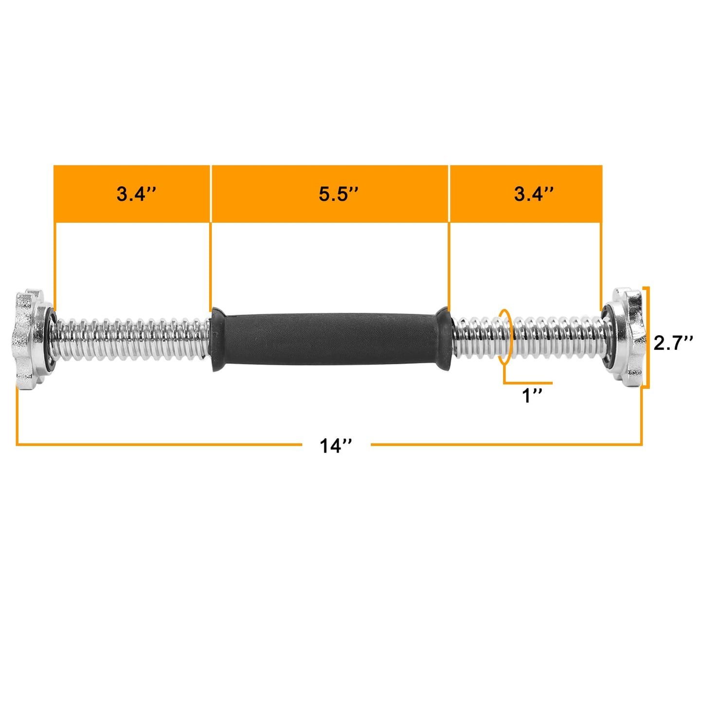 Threaded Dumbbell Rubber Handles 1 Inch Pair, 14" Adjustable Dumbbell Bar Handles, Fits Standard Weight Plates with 1” Diameter, for Gym Workouts, Exercise, Weightlifting, Sold in Pair