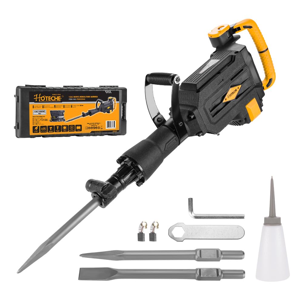 Hoteche 1800W Demolition Electric Jack Hammer 1800 BPM Heavy Duty Concrete Breaker with Point and Flat Chisel