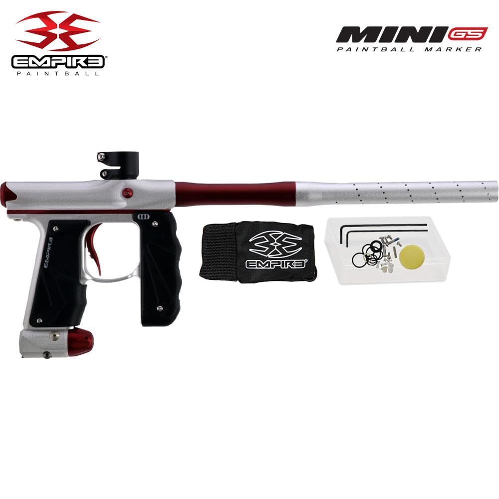 Maddog Empire Mini GS Electronic Full Auto Paintball Gun Marker w/ 48/3000 HPA Paintball Tank & Empire Halo Too Electronic Paintball Loader Starter Package - Dust Silver/Red - 2pc Barrel