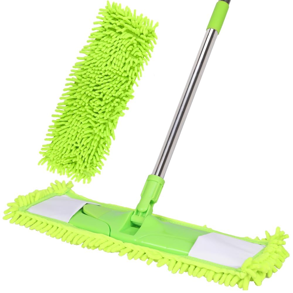 Dust Mop for Floor Cleaning with 2 Washable Chenille Pads and Extendable 58” Long Handle, Dry Wet Flat Mop with Scouring Pad for Hardwood, Laminate, Tile, Marble (Green)