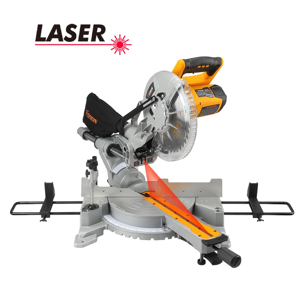 Hoteche 10-Inch Miter Saw 15A Sliding Compound Single Bevel Chop Saw with Laser Guide and TCT Saw Blade for Wood and Metal Working