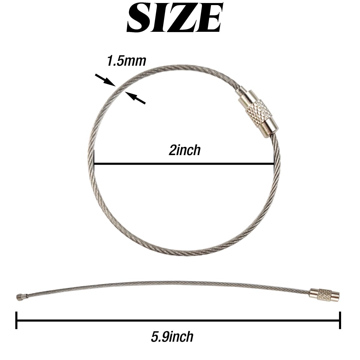 ROYHOO 50PCS Stainless Steel Wire Keychains Cable, Key Rings, Heavy Duty Luggage Tags Loops Tag Keepers 1.5mm Twist Barrel (Cable Length: 5.9 inches)