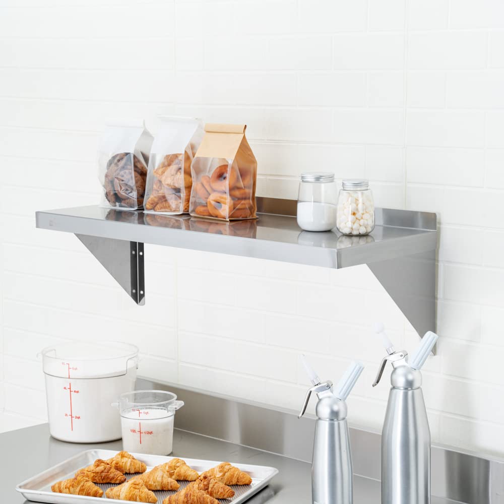 Restaurantware 12 x 36 Inch Heavy-Duty Stainless Steel Wall Shelf - 1 Shelf, Silver, Modern, Industrial, Floating Shelves