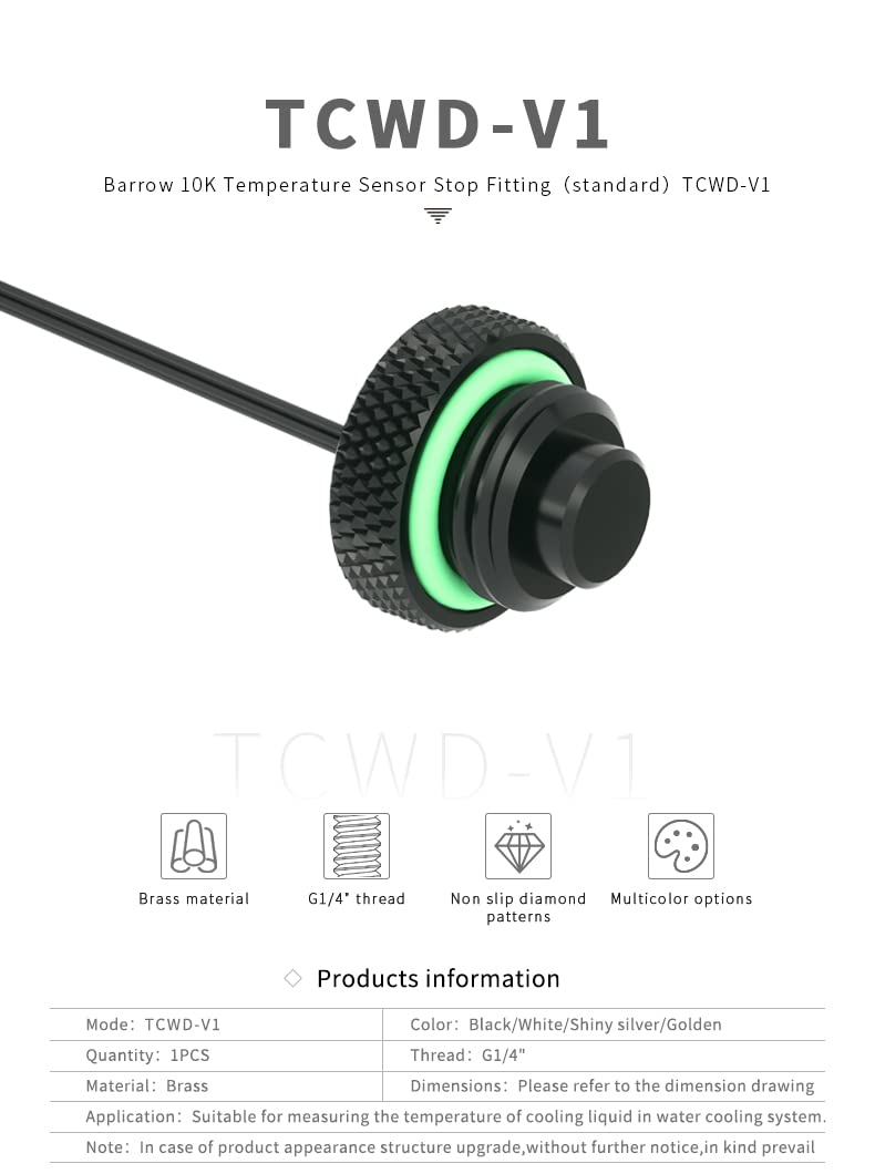 G1/4" 10K Barrow Temperature Sensor Stop Fitting, Black