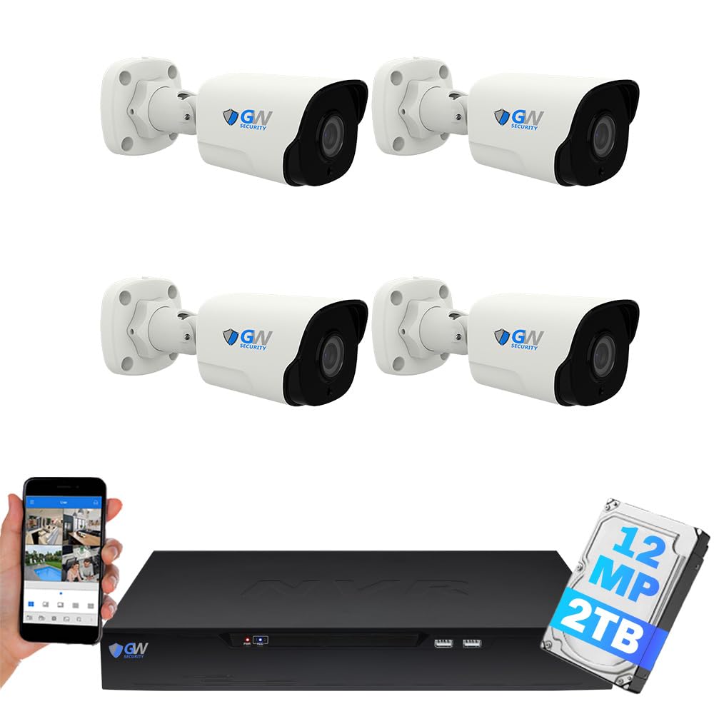GW Security 8 Channel NVR UltraHD 12MP 6K Face/Human/Vehicle Detection PoE Security Camera System with 4 x 6K 12MP IP Microphone Outdoor/Indoor Smart AI Bullet Cameras, Color Night Vision