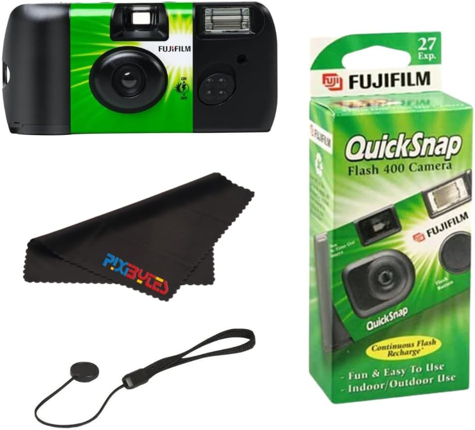 Fujifilm 400 (1 Pack QuickSnap Flash One-Time-Use Camera with Cap Keeper and Pixibytes Microfiber Cleaning Cloth...