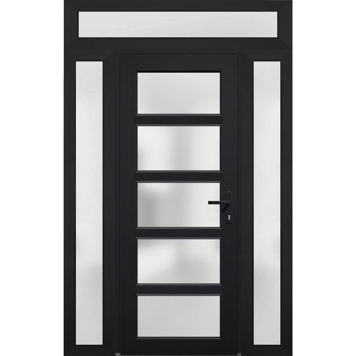 VDOMDOORS Front Exterior Prehung Fiberglass Door Frosted Glass/Manux 8002 Matte Black / 2 Side and Top Exterior Window/Entrance Patio Garage-W14+36+14" x H80+14"-Left-Hand Inswing