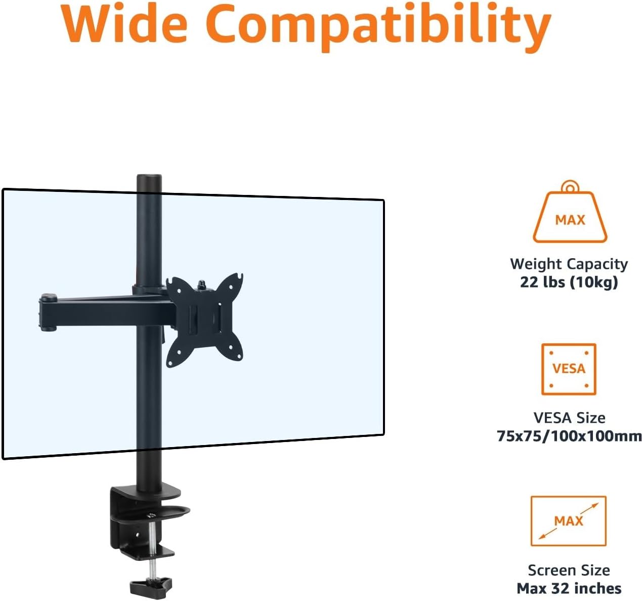 Amazon Basics 32" Adjustable Single Computer Monitor Desk Mount Arm, Holds up to and Ultrawide Monitors, Black